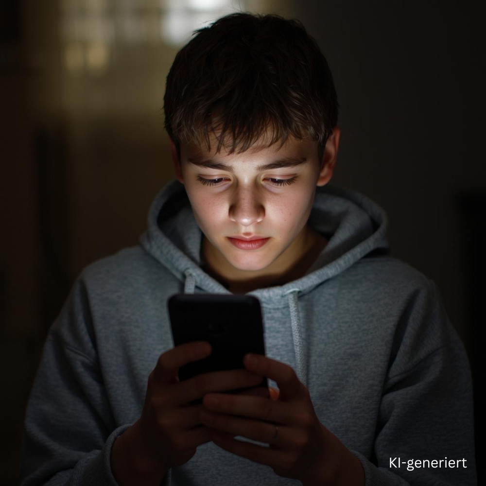 Jugendlicher mit Smartphone in dunkler Umgebung