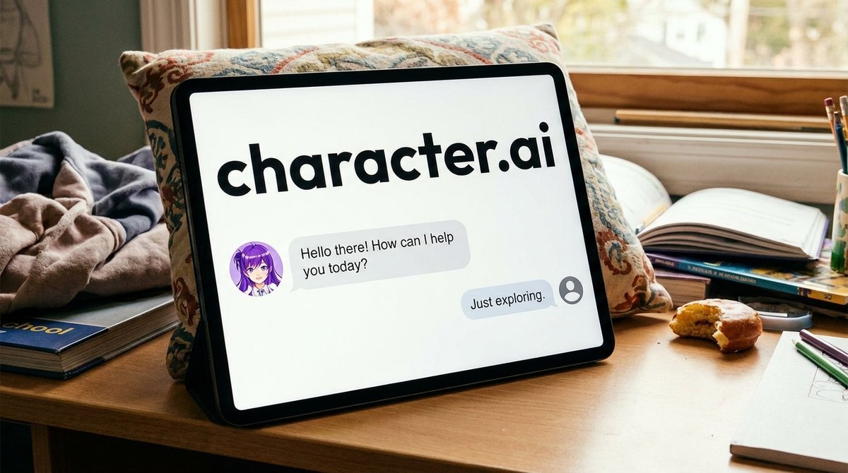 Tablet mit der Seite character.ai und einem Chat